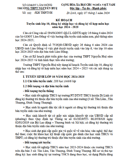 KẾ HOẠCH TUYỂN SINH 10 - TRƯỜNG THPT NGUYỄN HUỆ