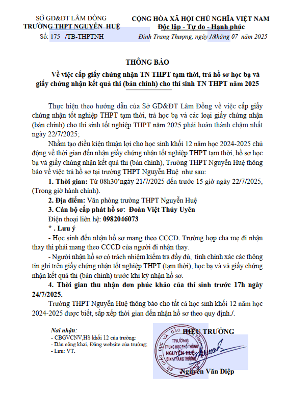 THÔNG BÁO NHẬN GIẤY CHỨNG NHẬN TN THPT TẠM THỜI