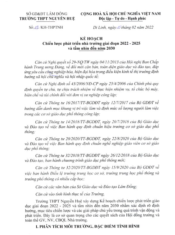 Kế hoạch chiến lược phát triển nhà trường giai đoạn 2022 - 2025 và tầm nhìn đến năm 2030